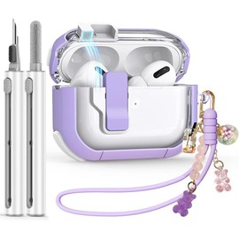 Case for AirPods Pro 2nd/1st Generation Case with Cleaner Kit,  Secure Lock Case for  Airpod Pro 2&1 Gen Case Cover with  Wrist Strap Cute Candy Keychain for Women,Sky Blue - Color: Clear Case-Purple