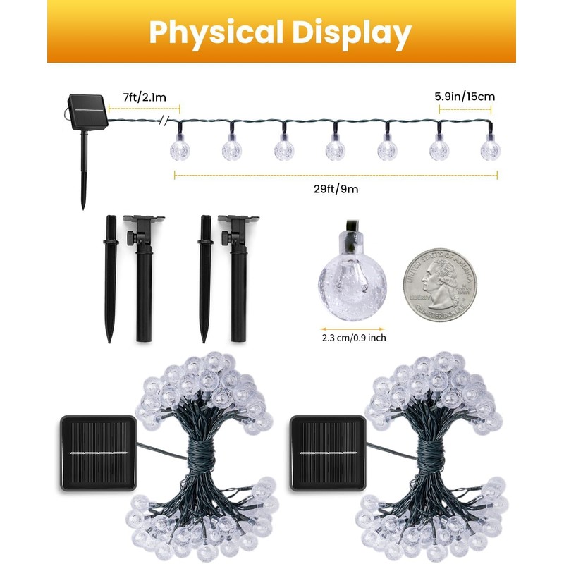 Solar String Lights Outdoor Waterproof, 2 Pack 60 LED 36.5