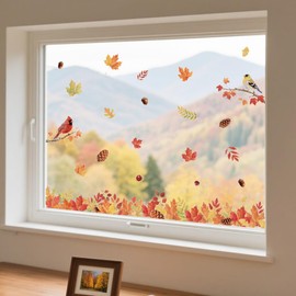 ANATTASOUL Static Window Clings Bird and Maple Leaves 1 Sheet Reusable Window Decals for Glass, 47.24" x 11.8" Removable Double Sided Window Sticker for Room Office Home Decoration