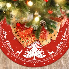 MACTING Reindeer Christmas Tree Skirt, Red 48 inch Snowflake Letters Xmas Tree Decorations for Winter New Year Party Decor Indoor Outdoor
