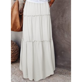 Happy Sailed Womens Retro Boho High Waist Elastic Waist A Line Flowy Long Maxi Beach Skirts with Pockets White Large
