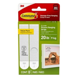 Command Tiras para colgar cuadros XL de 20 libras, perchas para colgar fotos sin daños, tiras resistentes para colgar en la pared para espacios de vida, 8 pares de tiras adhesivas blancas