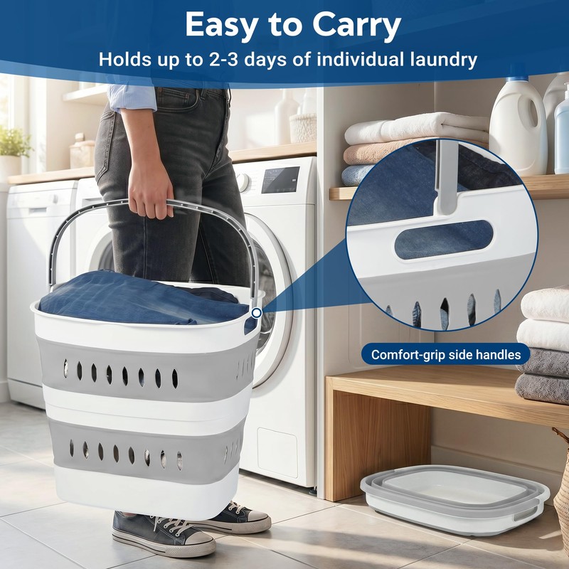 46L/12 Gal Collapsible Laundry Baskets, Foldable Hamper with Handles, Plastic