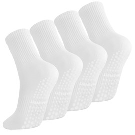 Guiqulai 4 Pairs Non-Slip Grip Yoga Socks for Women Cotton Crew Socks, Breathable for Pilates, Ballet & Barre Workouts (White, Size 5-9)