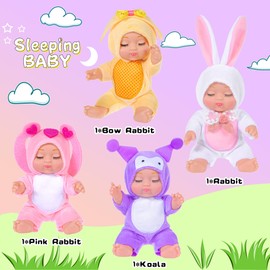 ebuddy 4 Pack 7 Inch Baby Dolls with Adorable Animal-Themed Outfits - Cute PVC Infant Figurines Set in Yellow Chick, White Bunny, Pink Bunny & Purple Koala Costumes - Gift for Girls 3+