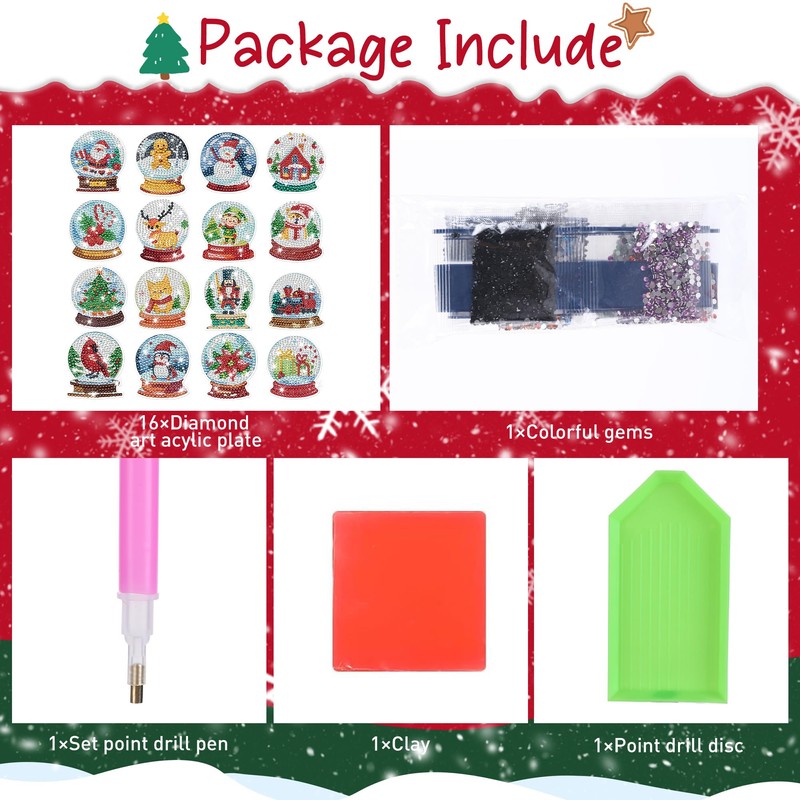 Winter Diamond Painting Magnets, 16 Pcs Christmas DIY Ornament Kits