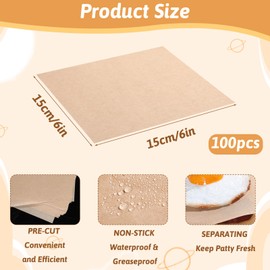 100Pcs 6" X 6" Parchment Paper, Nonstick Precut Square Baking Parchment Burger Patty Papers for Baking, Roasting, Wrapping, Dehydrator (Brown)