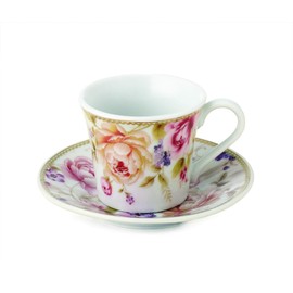 Set of 6 Espresso Cups 2oz. On Metal Stand-Pink and Ivory Flower