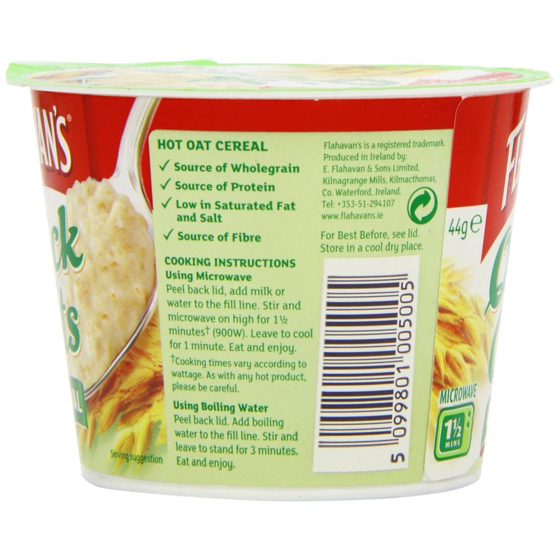 Flahavans Original Quick Oats Pot 44 g (Pack of 12)