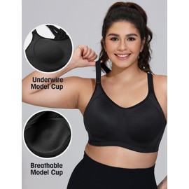 ZeroBound Women's High Impact Sports Bra Criss-Cross Back Full Coverage Padded Racerback Adjustable Wirefree Push Up Bras Deep Black 38DD