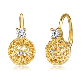 POPLYKE Gold Ball Earrings Women's Clover Earrings 925 Sterling Silver Leverback Earrings Shamrock Earrings Gifts, 2017, Cubic Zirconia