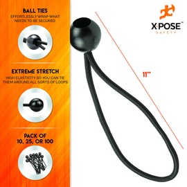 Xpose Safety Bungee Ball Cords 11" 25 Pack Heavy Duty Black Stretch Rope with Ball Ties for Canopies, Tarps, Walls, Cable Organization