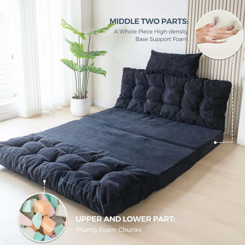 MAXYOYO Folding Sofa Bed, Tufted Bean Bag Bed with Pillows