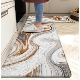 tubeamin Kitchen Mats for Floor Anti Fatigue Floor Marble Cushioned Memory Foam Non Slip PVC Leather Padded Comfort Standing Rugs Set of 2, 17.3x28+17.3x47 Inch, 1/2 Inch Thick