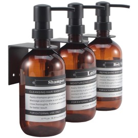 SOOKDEO Dispenser Bottle Bathroom Kitchen Refillable Shampoo Conditioner Hand Washing-Up Lotion Oil Shower Soap Bottles with Pump and Waterproof Labels, 500 ml, Pack of 3 (Amber, with Wall Mounts)