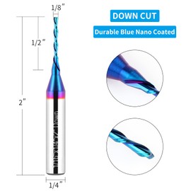 EANOSIC 2PCS Downcut Spiral Router Bit 1/4 inch Shank, 1/16 inch Cutting Diameter Solid Carbide with Blue Nano Coating CNC Router Bits End Mill for Wood Carving, Engraving