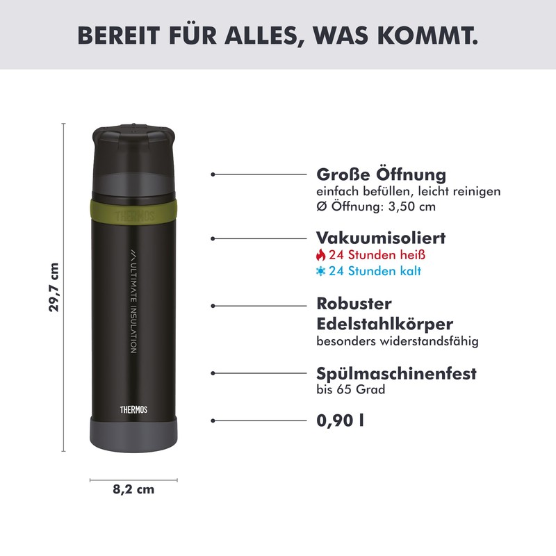 THERMOS Mountain Beverage Bottle 0.9 L, Black, Stainless Steel Thermos
