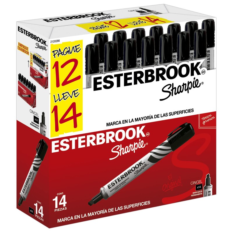 Sharpie Esterbrook Marcadores Permanentes, Punta Cincel, Negro, 14 Piezas