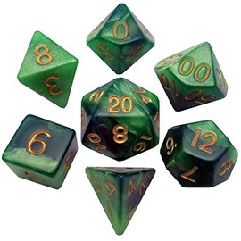 Metallic Dice Games Polyhedral 7 Die Set Resin Dice: Combo Attack Green / Light Green With Gold Numbers