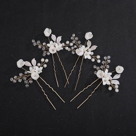 Teyglen 4pcs Flower Bride Wedding Hair Pins Gold Silver Leaf Headpiece Pearl Crystal Bridal Hair Pins Clips Floral Hair Accessories Jewelry for Women (Gold)