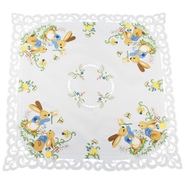 Easter Bunny Table Topper, Square Decorative, White with Floral Pattern (33 Inch Square)