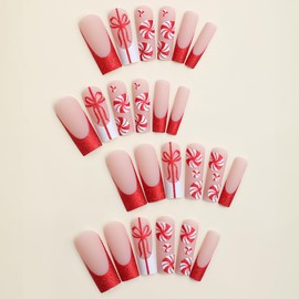 24 Pcs Christmas Press on Nails Long French Tips Fake Nails Xmas False Nails with Candy Glitter Designs Full Cover Artificial Acrylic Nails Glue on Nails Christmas Nail Decoration for Women and Girls