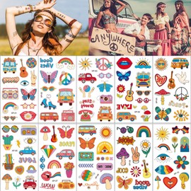 Hippie Temporary Tattoos for Women Men, 10 Sheets 70’s Groovy Hippie Love and Peace Rainbow Waterproof Fake Tattoo Stickers for Adult Kids Birthday Party Favors Supplies Gifts