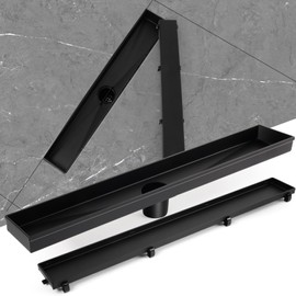 Linear Shower Drain, Shower Drain 24 inch with Removable Grate Cover,304 Stainless Steel, Shower Drain with Hair Catcher and Leveling Feet,Matte Black