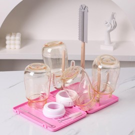 DIJIAMEIYA Baby Bottle Drying Rack -Travel Baby Bottle Drying Rack Set, Cleaner Kit with Silicone Bottle Brush,Straw Brush, Suitable for Home use or Traveling with Babies (Pink)