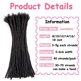 Lovenea 6 Inch 40 Strands 100% Real Human Hair Dreadlock Extensions for Men/Women Full Head Handmade 0.6 cm Tight Can Be Dyed and Bleached Soft Loc Extensions (6 Inch, 40 Strands)