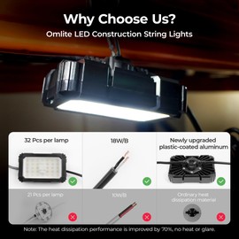Omlite 3 Prong LED Work Bright String Lights: 90W 10800LM Update Aluminum Plate Heat Dissipation ETL Listed Outdoor/Indoor Linkable Temporary Hanging Construction/Attic Lighting