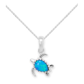 AzureBella Jewelry Sterling Silver Turtle Necklace with Synthetic Blue Opal (18-inch)