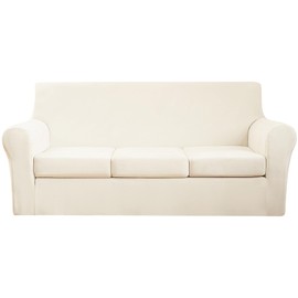 MeiMeilio 4 Pieces Velvet Sofa Slipcovers for 3 Seat Cushion Couch Plush Sofa Cover Non Slip Stretch Universal Couch Covers for Dogs Washable Furniture Covers (Ivory, Sofa)