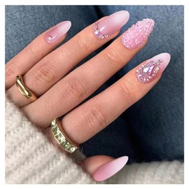 Leuhiove Pink Press on Nails Almond Fake Nails with hinestones&Glitter Powder Designs Almond Shaped Press on Nails Short False Nails with Glue Bling Artificial NailS For Women Girls 24 Pcs