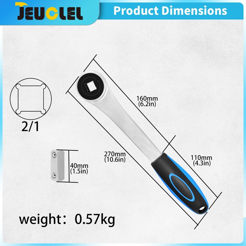 JEUCLEL 10.6-Inch Push through Ratchet, 1/2" Drive, 7.5° return angle,