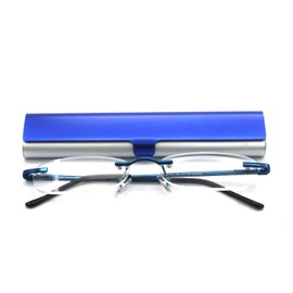 EYE ZOOM Rimless Reading Glasses with Slim Navy Blue and Silver Case for Men and Women, +1.75