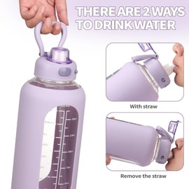 SIEROZUR 64 oz Glass Water Bottle with Straw and Handle Half Gallon Large Water Bottle with Silicone Sleeve and Time Marker Sports Water Jug Wide Mouth for Travel Gym