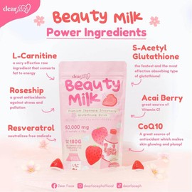DEAR FACE Beauty Milk Japanese Collagen Strawberry Drink - 50,000mg Hydrolyzed Collagen, 10 x 18g Sachets (Pack of 1)