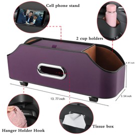 HOLDCY Car Back Seat Organizer with 2 Drink Cup Holder - Tissue Box and Storage Box Hook - Multi-functional Storage - Great for Kids and Travel (Purple)