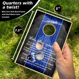 Coinhole Mini Cornhole Game Set | Portable Tabletop Bean Bag Toss Game for Indoor & Outdoor Fun | Includes Coins for Game Play (Single Board Play Blue & Black)