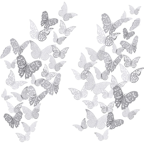 Bememo 72 Pieces 3D Butterfly Wall Decals Sticker Wall Decal Decor Art Decorations Sticker Set 3 Sizes for Room Home Nursery Classroom Offices Kids Girl Boy Bedroom Bathroom Living Room Decor (Silver)
