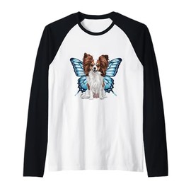 Cartoon Papillon dog with butterfly wings Raglan Baseball Tee