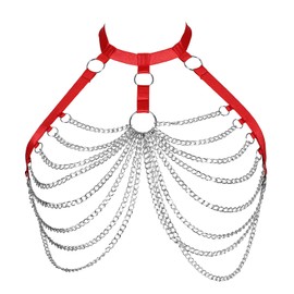 Women's Body Harness Bra Punk Elastic Adjustable Metal Chain Plus Size Bra Gothic Carnival Club Party Dance Costume (Red)