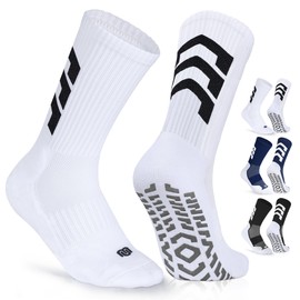 Closemate Grip Soccer Socks for Men Cushion Anti Slip Athletic Grip Socks for Soccer Football Basketball Yoga 3 Pairs(1BlackWhite1NavyBlue1White,Size M)