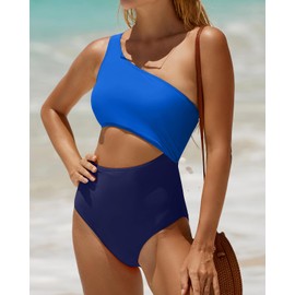 Traje de baño de una pieza para mujer, traje de baño con un hombro recortado, control de abdomen, Azul marino, Small