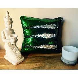 LushFabric x2 MERMAID SEQUIN CUSHION Cover Pillow Case Reversable Flip Sequins Sofa 35x35cm - SET OF 2 (Green & Silver (No Pillow Insert))