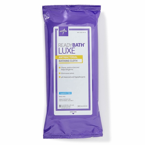 Medline ReadyBath LUXE Antibacterial Body Cleansing Cloths Wipes, Fragrance Free, Extra Thick Wipes (8 Count Pack, 24 Packs)