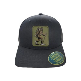 Sasquatch Trucker Hat - Snapback Cap - Big Foot Hiker Patch (Black/Black)