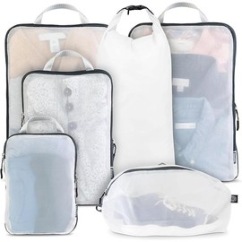 Large Packing Cube Set with See Through Mesh- Compression Packing Cubes Travel Organizers by TRIPPED Travel Gear - Color: White