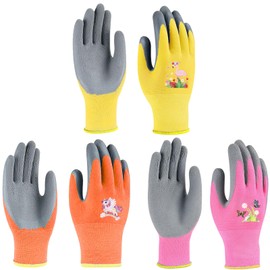 MONCAP 3 Pairs Work Gloves for Kids Gardening Gloves Kids Protective Gloves Gloves with Palm Coating for Girls Aged 3-8 Years Housework Gardening